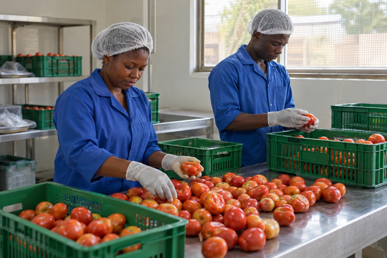 Two Ghanaian packhouse workers wearing protective clothing sort tomatoes into green crates at a clean table.
