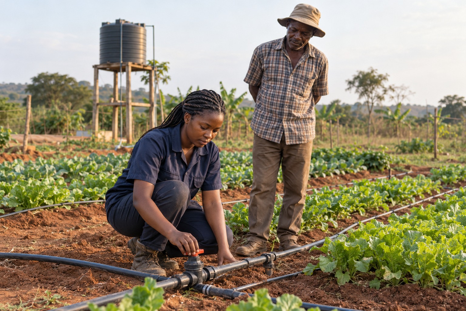 A young Ghanaian woman technician inspects an irrigation valve while an experienced farmer observes.