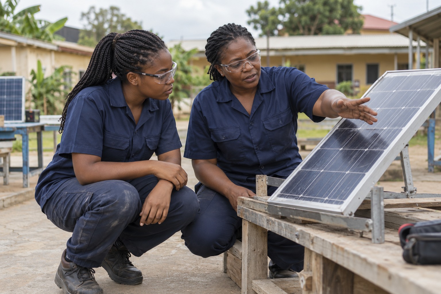 A young Ghanaian technical trainee and a female mentor examine a solar panel in an outdoor training yard.