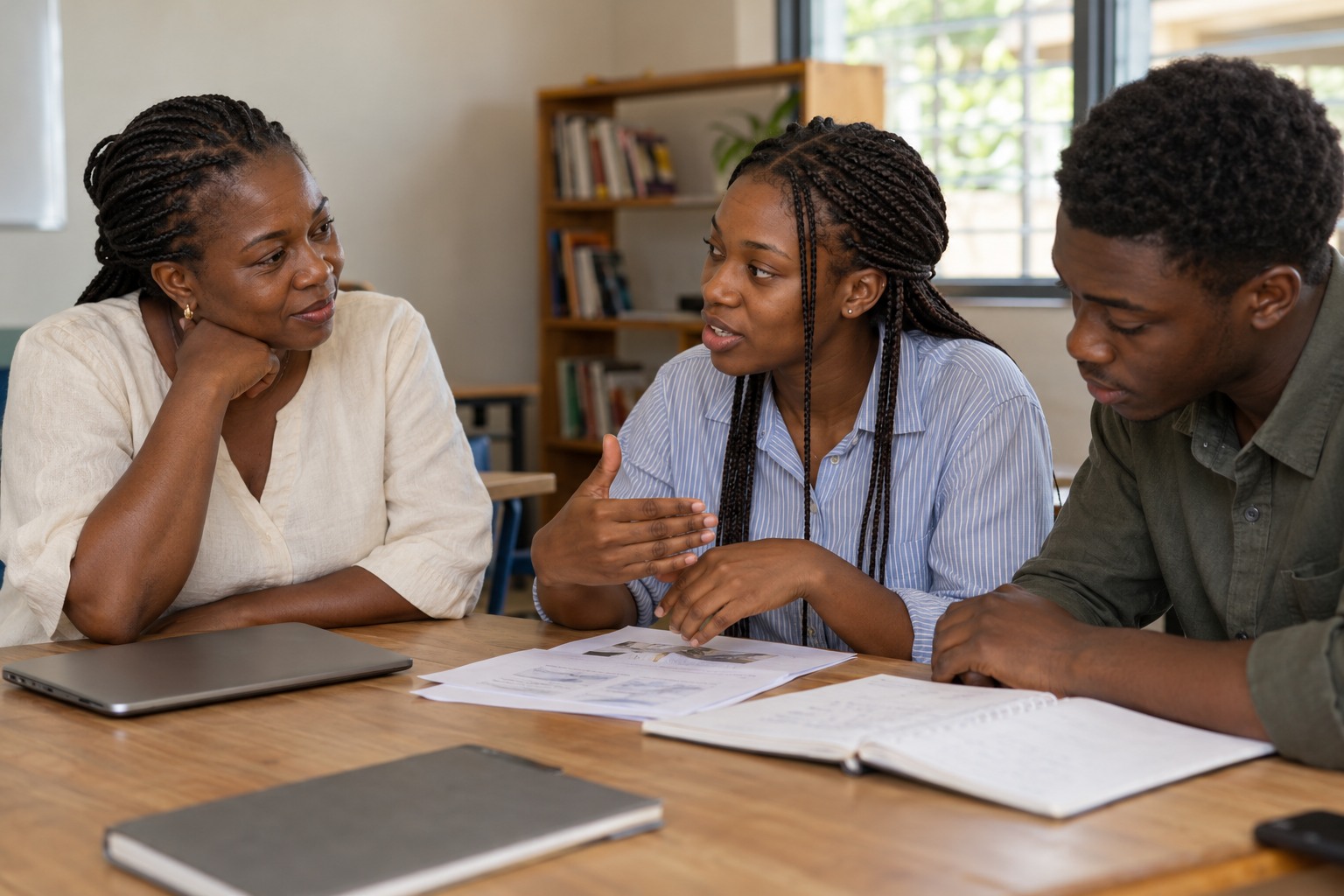 A Ghanaian woman mentor listens to two students as they discuss paper project work at a table.