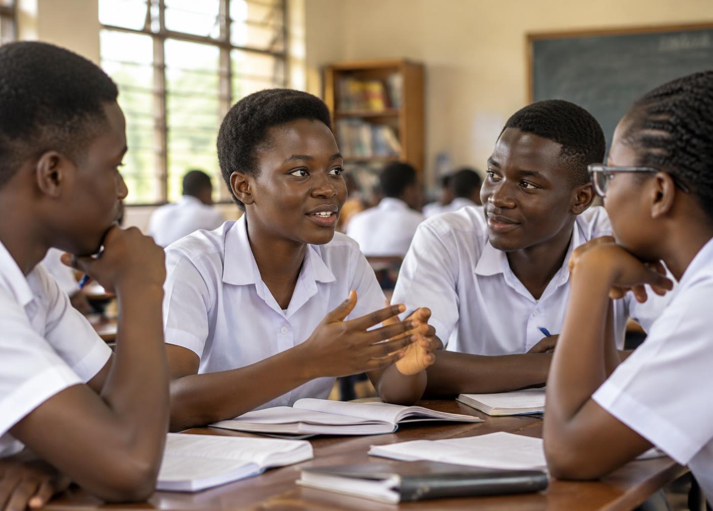 Senior high school students discussing ideas around a classroom table